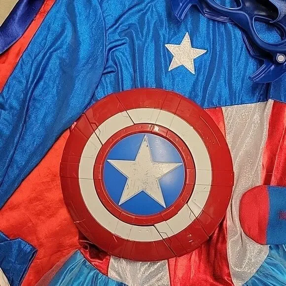 Captain America dress, cape, shield, socks, mask Childs Large 12-14 - Picture 7 of 12